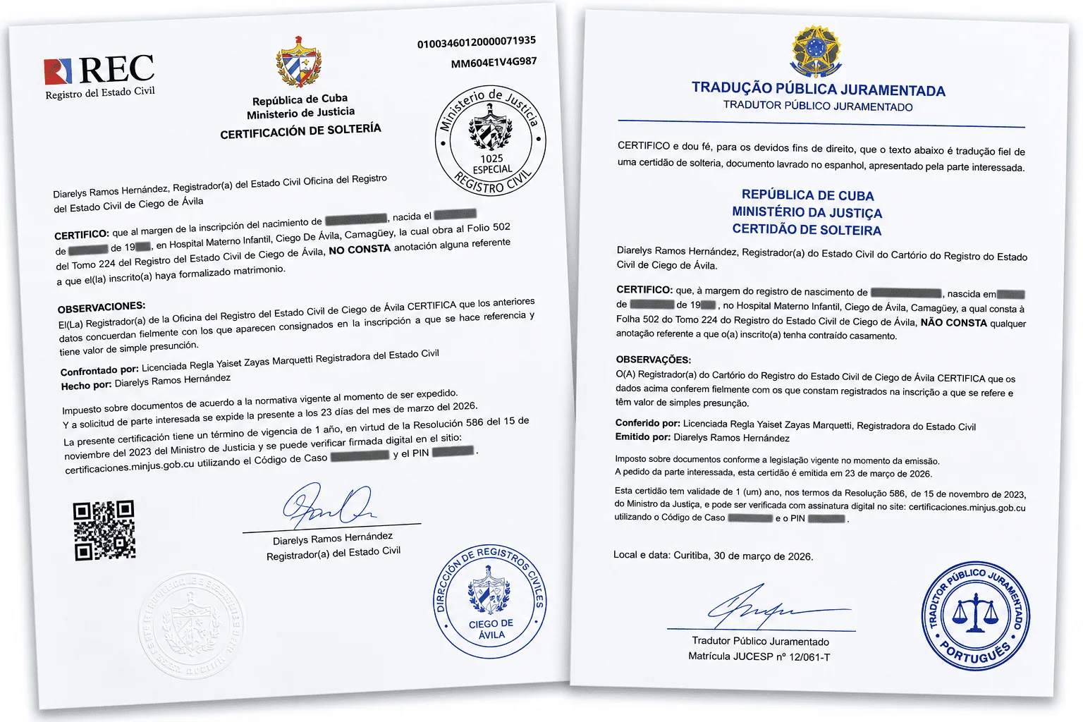 Traducción - Certificación de Soltería